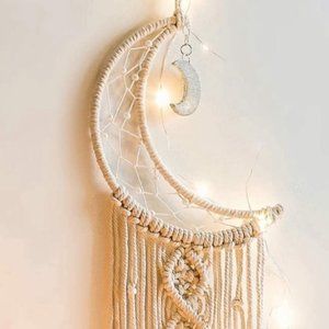 Macrame Wall Hanging Moon W/ Lights String Decor